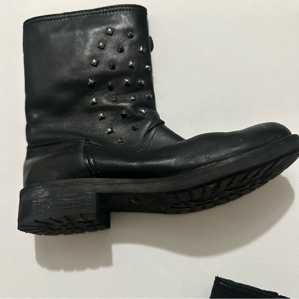 Geox Black Respira Virna Leather Plaid Lined Silver Spikes Moto Boots Sz 6 / 37 - Picture 7 of 15
